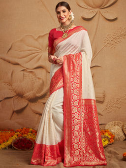 Sareemall - Womens Silk Blend Off White Woven Designer Saree with Unstitched Blouse