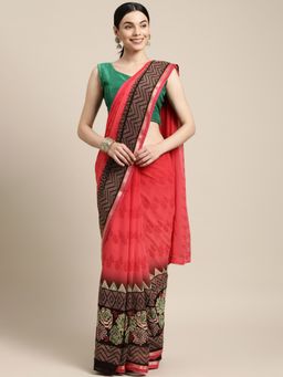 Sangam Prints - Red Georgette Lace Work Daily Wear Saree with Unstitched Blouse