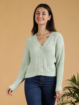 KOTTY - Green Women Solid V Neck Full Sleeves Cardigan