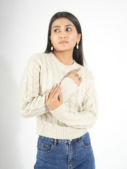 KOTTY - Off White Women Solid V Neck Full Sleeves Sweater