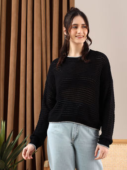 KOTTY - Black Women Ribbed Crop Minimalistic Sweater