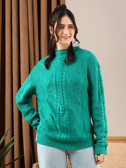 KOTTY - Green Women Cable Knit Woolen Timeless Sweater