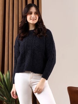 KOTTY - Navy Blue Women Cropped Cable Knit Sweater