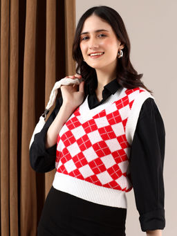 KOTTY - White Women Trendy Sleeveless Printed Vest Sweater