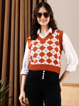 KOTTY - Rust Women Trendy Sleeveless Printed Vest Sweater