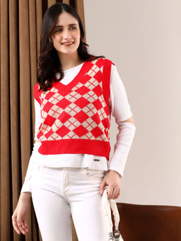 KOTTY - Red Women Trendy Sleeveless Printed Vest Sweater