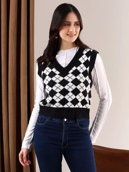 KOTTY - Black Women Trendy Sleeveless Printed Vest Sweater