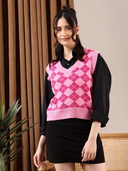 KOTTY - Pink Women Trendy Sleeveless Printed Vest Sweater