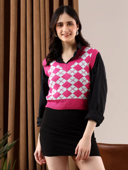 KOTTY - Pink Women Trendy Sleeveless Printed Vest Sweater
