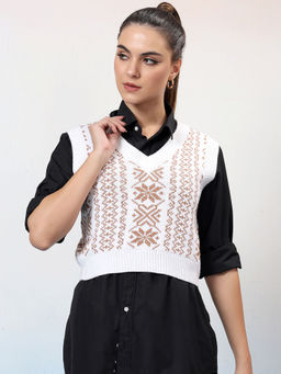 KOTTY - White Women Trendy Sleeveless Printed Vest Sweater