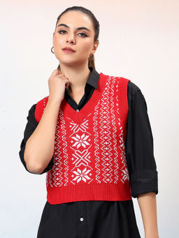 KOTTY - Red Women Trendy Sleeveless Printed Vest Sweater