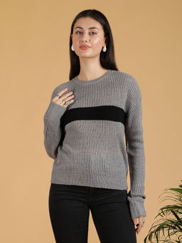 KOTTY - Grey Women Hand Made Round Neck Full Sleeves Sweater
