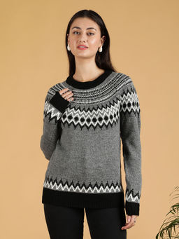 KOTTY - Grey Women Hand Made Round Neck Full Sleeves Printed Sweater
