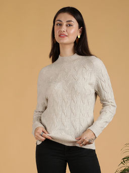 KOTTY - Beige Women High Neck Style Full Sleeves Sweater