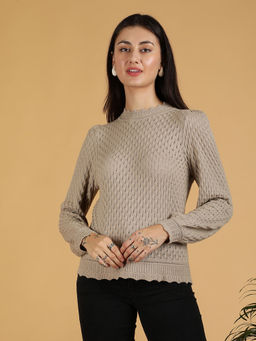 KOTTY - Brown Women Pullover Round Neck Full Sleeves Sweater