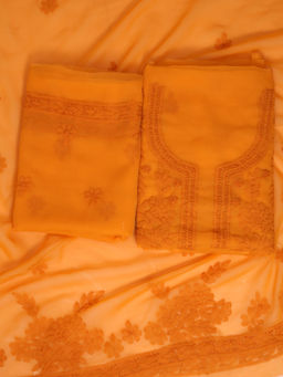 ADA - Hand Embroidered Mustard Georgette Lucknowi Chikankari Dress Material [A211264]