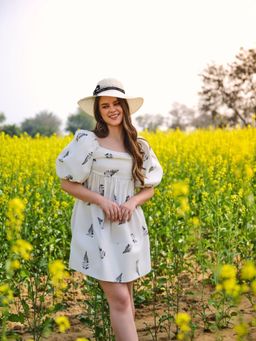 AFRIYA - Monochrome Fern Short Bow Dress