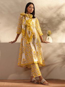 Libas - Yellow Floral Kurta with Pant and Dupatta