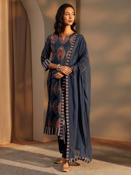 Libas - Navy Blue Printed Kurta with Pant and Dupatta