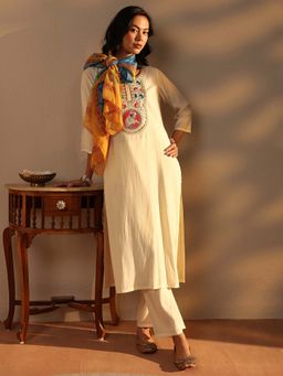 Libas - Off White Embroidered Kurta with Pant and Dupatta
