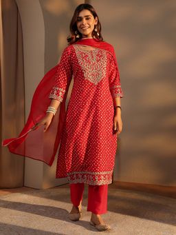 Libas - Red Printed Kurta with Pant and Dupatta
