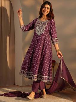 Libas - Burgundy Printed Kurta with Pant and Dupatta
