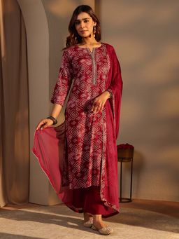 Libas - Maroon Printed Kurta with Pant and Dupatta