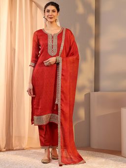 Libas - Red Embroidered Kurta with Pant and Dupatta