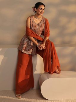 Libas - Orange Embellished Kurti with Palazzo and Dupatta