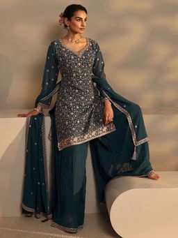 Libas Art - Teal Embroidered Kurta with Palazzo and Dupatta