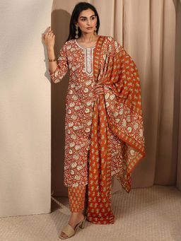 Gerua By Libas - Orange Floral Kurta with Pant and Dupatta