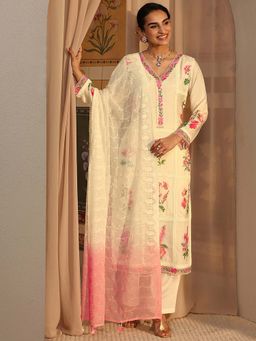 Libas Art - Cream Floral Kurta with Pant and Dupatta