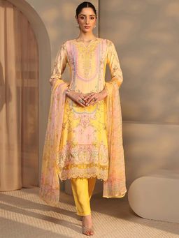 Libas Art - Yellow Floral Kurta with Pant and Dupatta