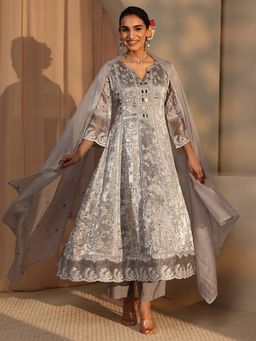 Libas - Grey Floral Kurta with Pant and Dupatta