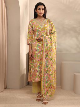 Gerua By Libas - Yellow Floral Kurta with Pant and Dupatta
