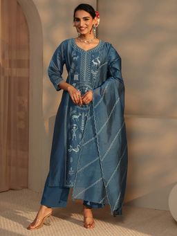 Libas Art - Teal Embroidered Kurta with Pant and Dupatta