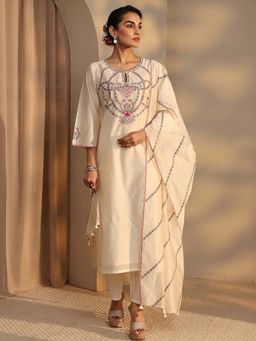 Libas Art - Cream Floral Kurta with Pant and Dupatta