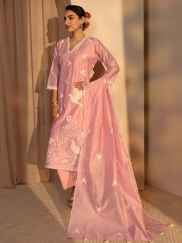 Libas Art - Pink Embroidered Kurta with Pant and Dupatta