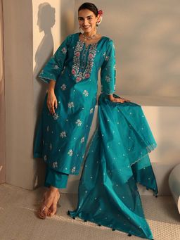 Libas Art - Blue Floral Kurta with Pant and Dupatta