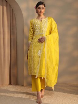 Libas Art - Yellow Embroidered Kurta with Pant and Dupatta