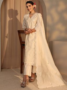 Libas Art - Cream Floral Kurta with Pant and Dupatta
