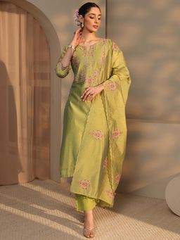 Libas Art - Olive Floral Kurta with Pant and Dupatta