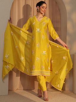Libas Art - Yellow Floral Kurta with Pant and Dupatta