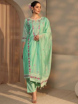 Libas Art - Green Floral Kurta with Pant and Dupatta