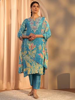 Libas - Blue Floral Kurta with Pant and Dupatta