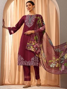 Libas - Maroon Floral Kurta with Pant and Dupatta