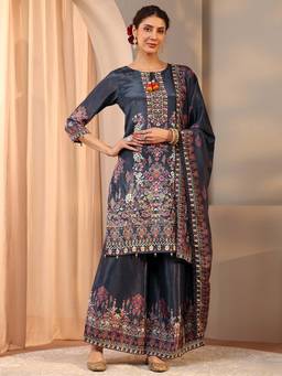 Libas - Grey Floral Kurta with Palazzo and Dupatta