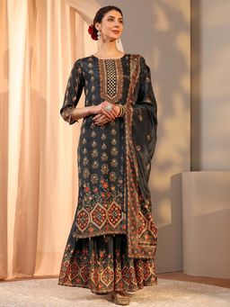 Libas - Black Floral Kurta with Sharara and Dupatta