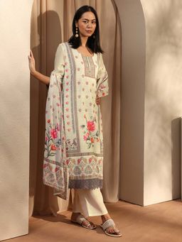 Libas - White Floral Kurta with Pant and Dupatta