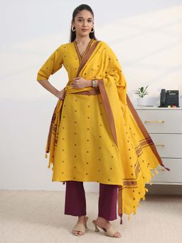 Gerua By Libas - Yellow Woven Kurta with Pant and Dupatta